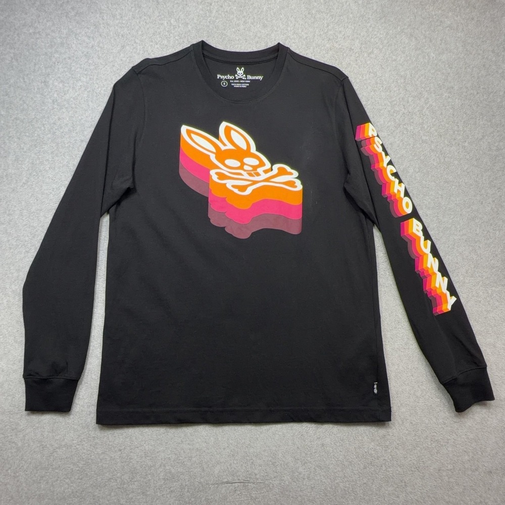 Psycho Bunny Dalles Shirt Mens 5 Black Skull Bunny Graphic Pima Long Sleeve Tee